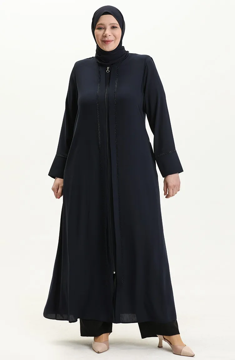 Abaya en Pierre de Grande Taille 5051-02 Bleu Marine 5051-02