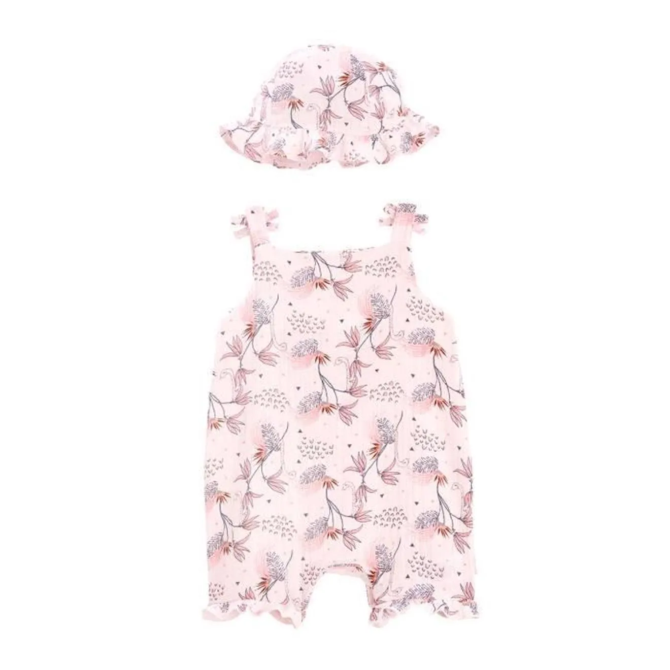 Barboteuse bébé fille et chapeau en gaze de coton Exotic Bird rose - Petit Beguin