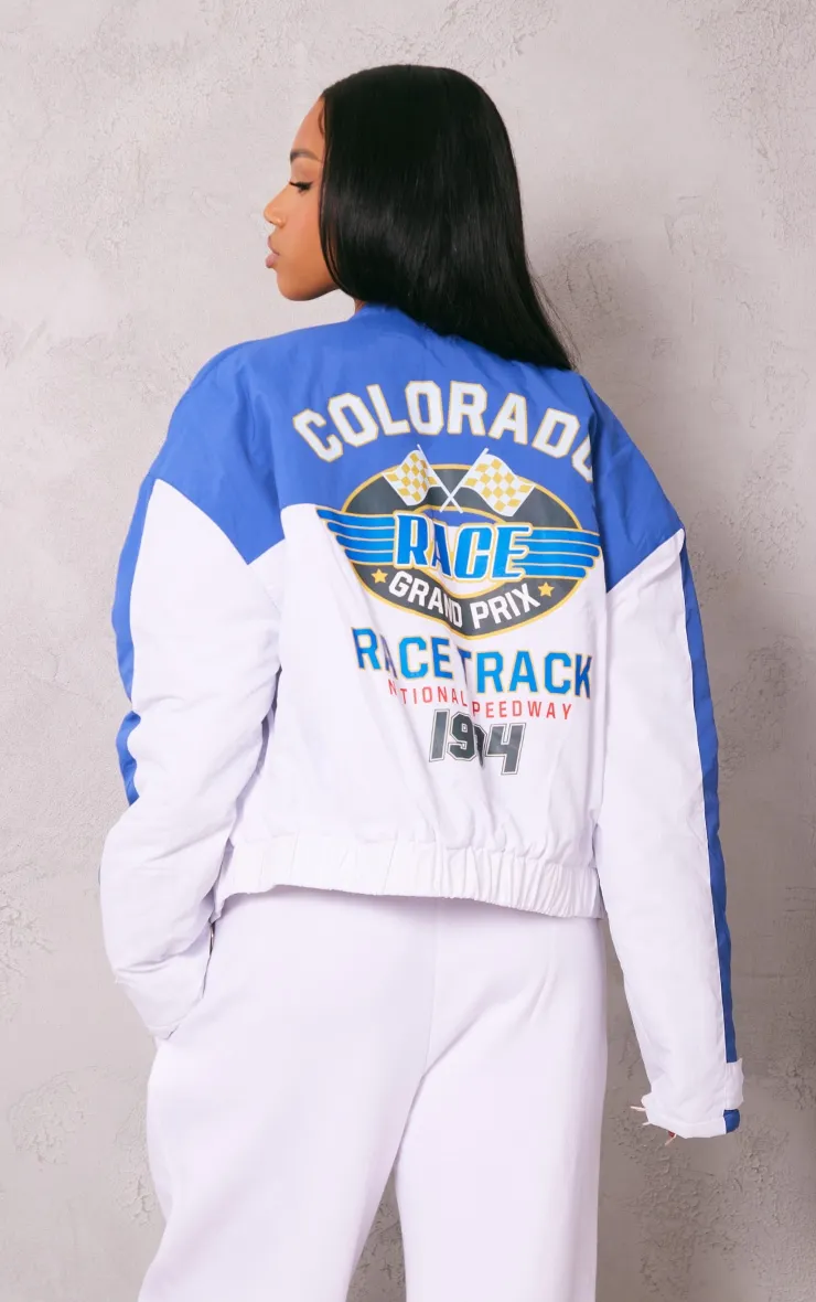 Bomber oversize bleu et blanc à slogan Racer et zip