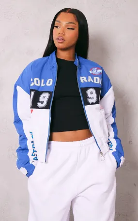 Bomber oversize bleu et blanc à slogan Racer et zip