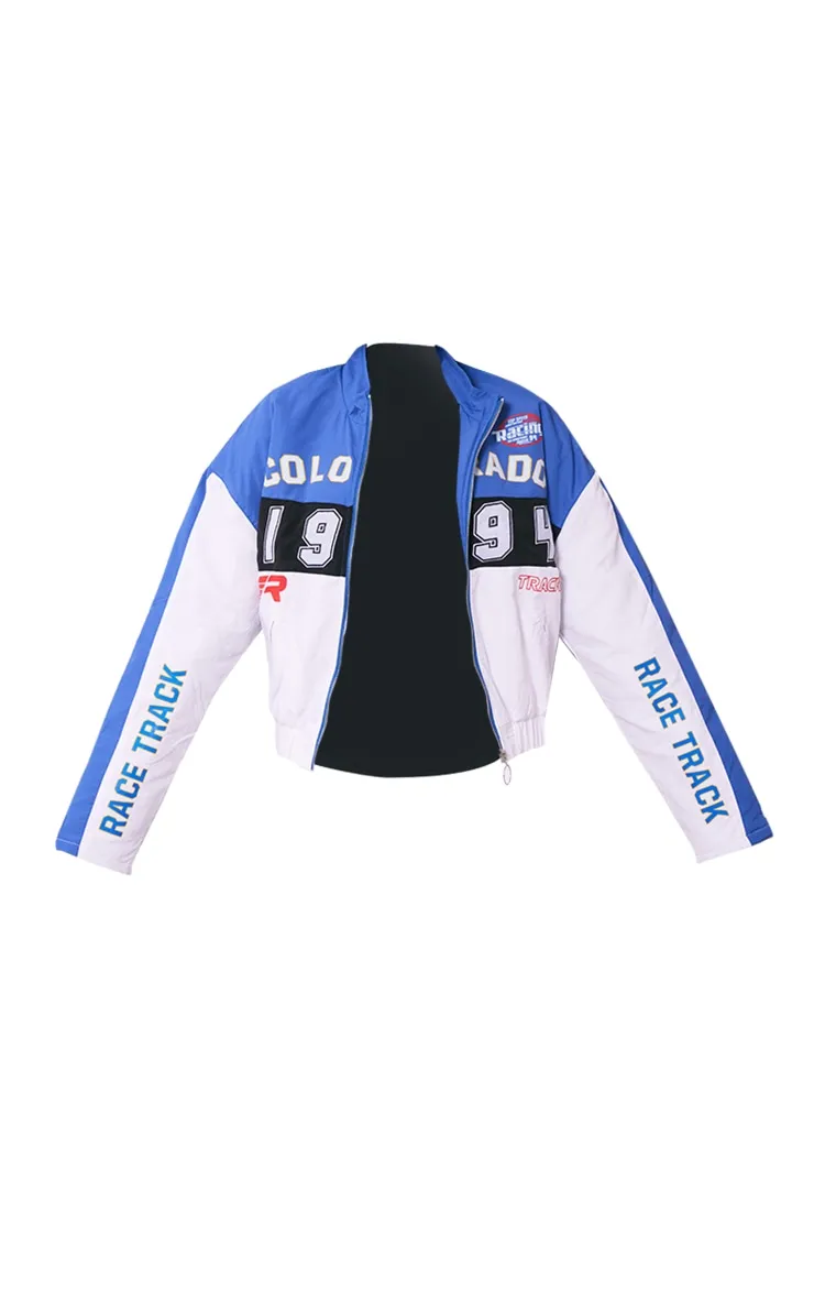 Bomber oversize bleu et blanc à slogan Racer et zip