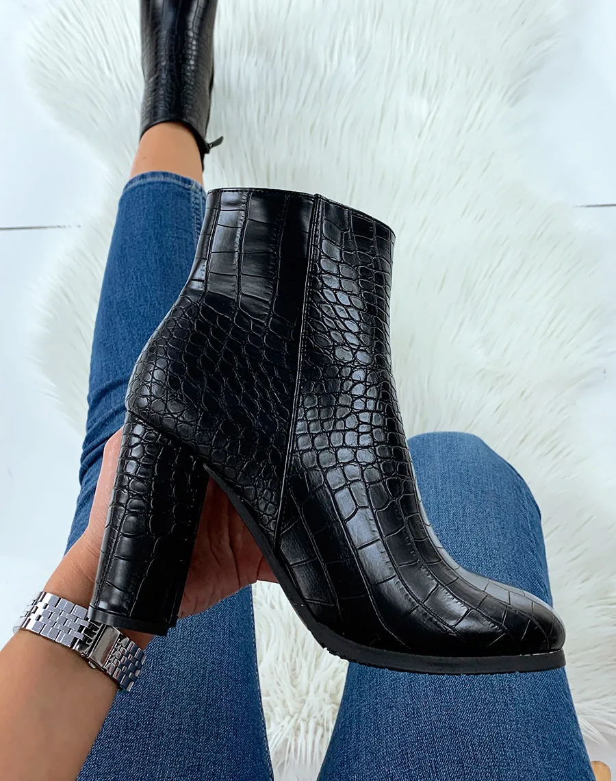 Bottines à talon effet croco noire à bout rond