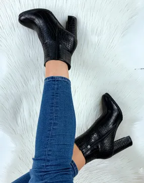 Bottines à talon effet croco noire à bout rond