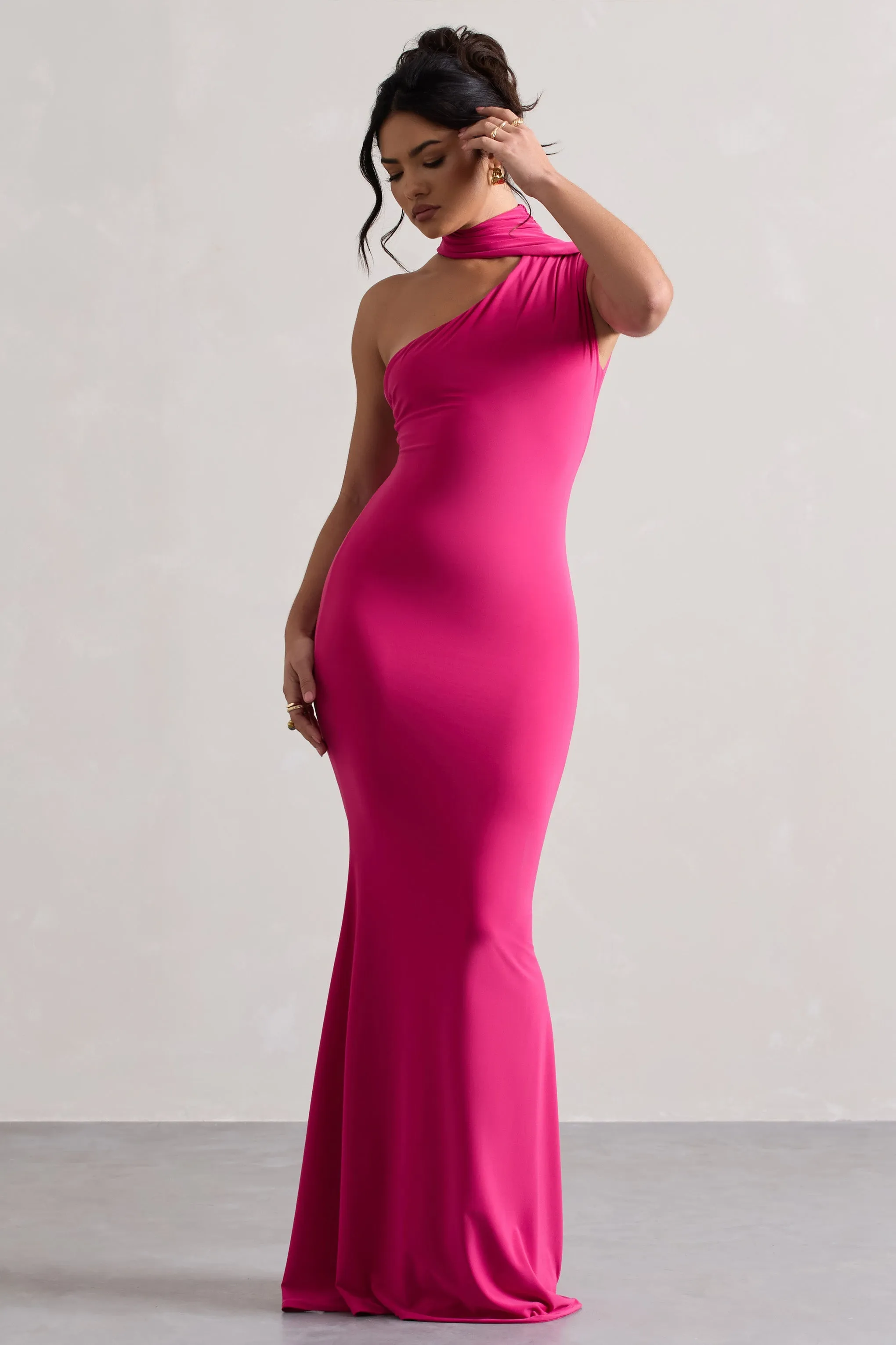 Capucine | Robe longue drapée asymétrique rose