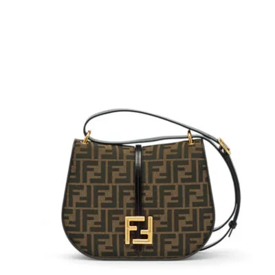 C'mon Medium - Sac en tissu jacquard FF marron et cuir | Fendi