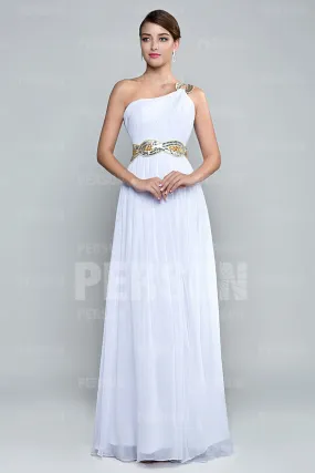 Elegante Robe de soirée fendue encolure asymétrique en mousseline blanche