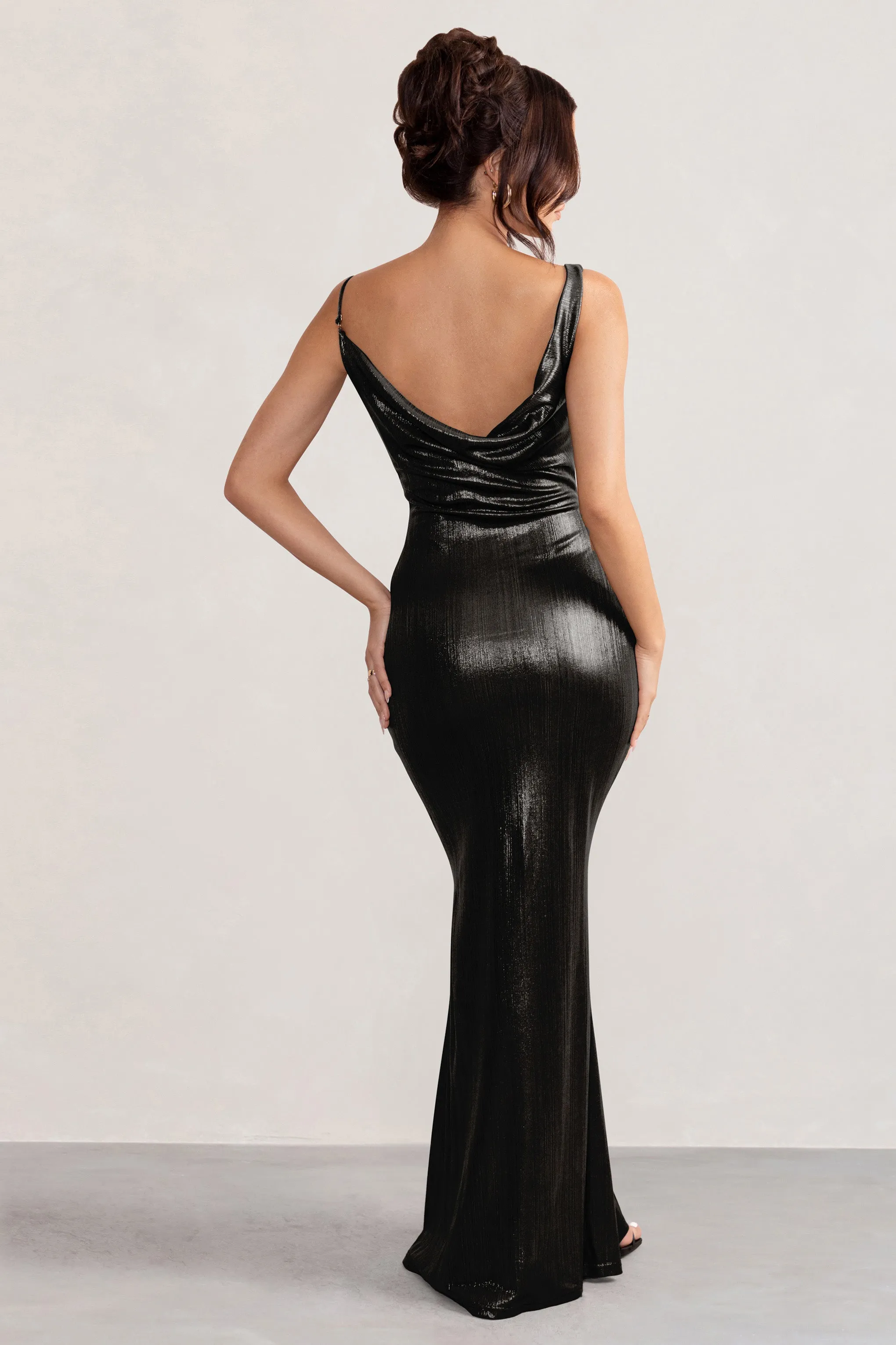 Galaxy shimmer | Robe longue à col bénitier asymétrique de colour noir