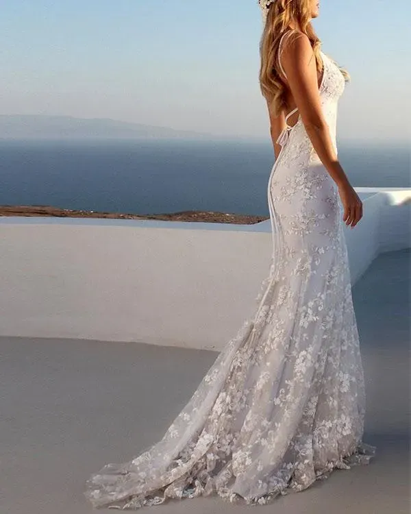 Ivoire Élégante robe de mariée longue sans manches à col en V en dentelle