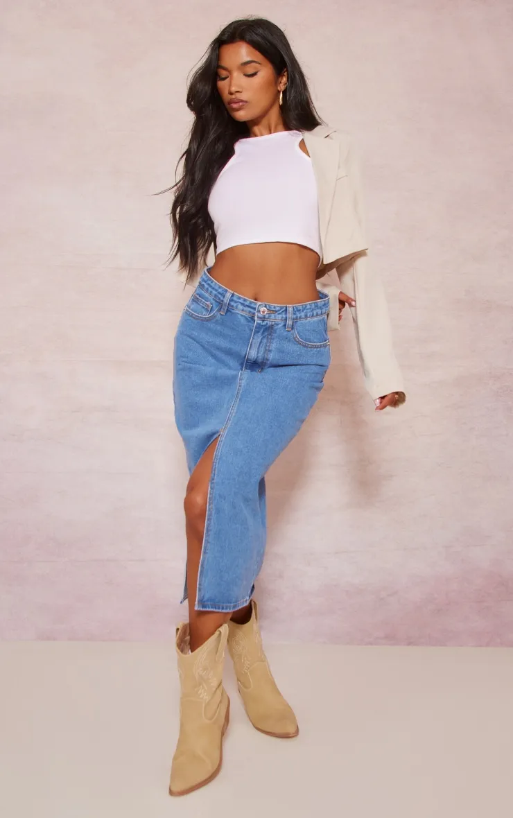 Jupe mi-longue fendue en jean délavé bleu moyen à taille mi-haute