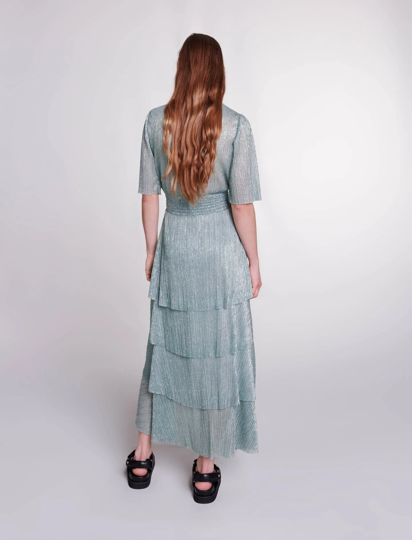 MAJE  Robe midi cintrée et plissée col v à volants - Vert