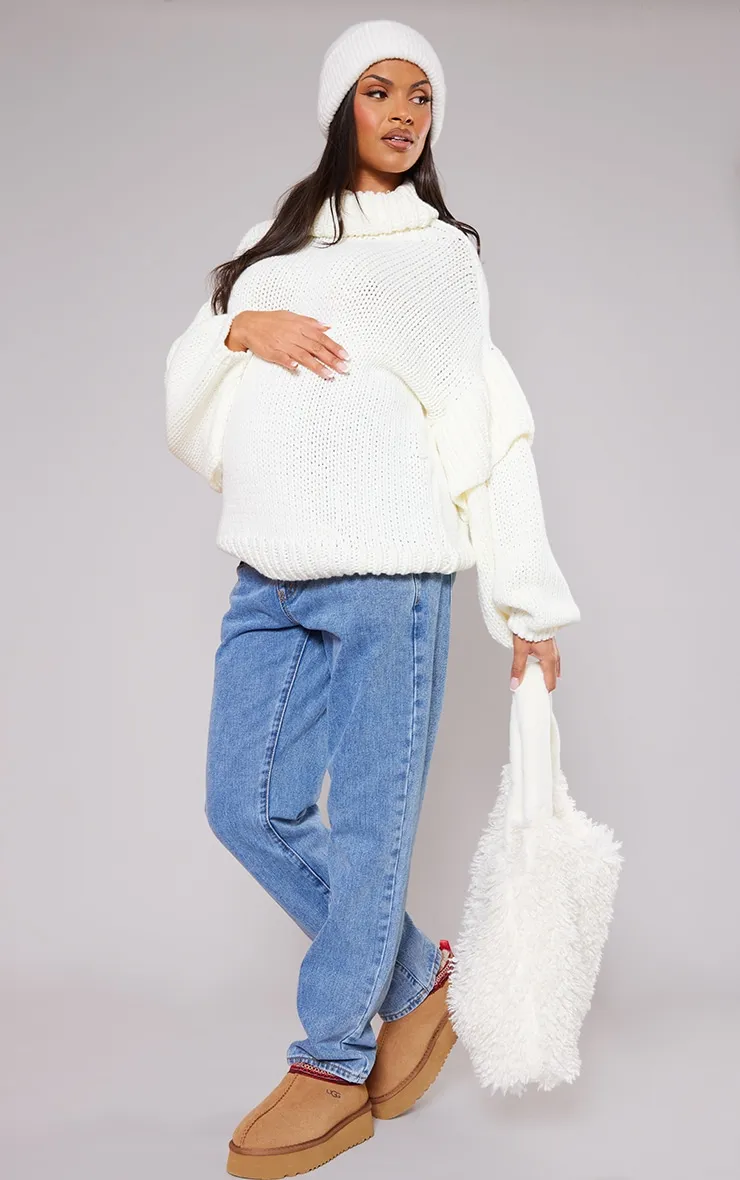 Maternité Pull de grossesse oversize en maille tricot épaisse crème à col roulé