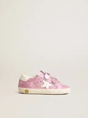 Old School Junior en daim lamé rose avec étoile et contrefort en cuir blanc | Golden Goose