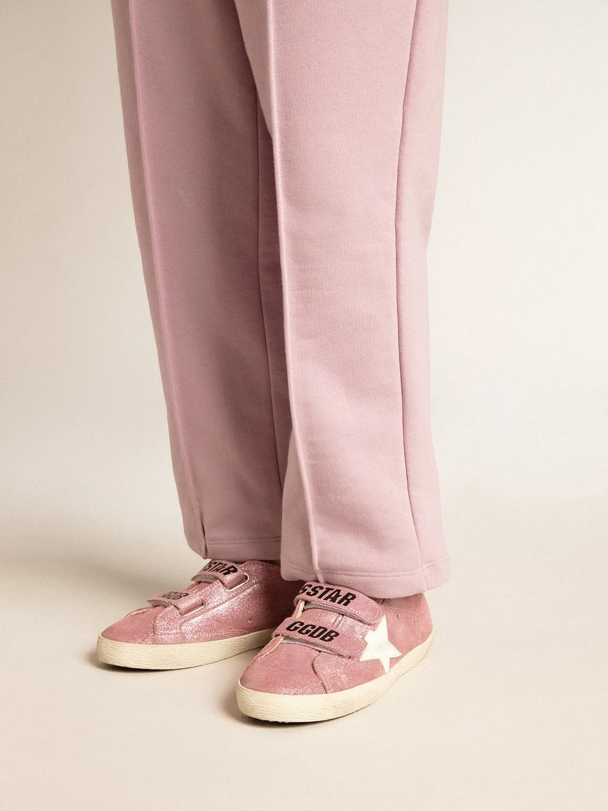 Old School Junior en daim lamé rose avec étoile et contrefort en cuir blanc | Golden Goose