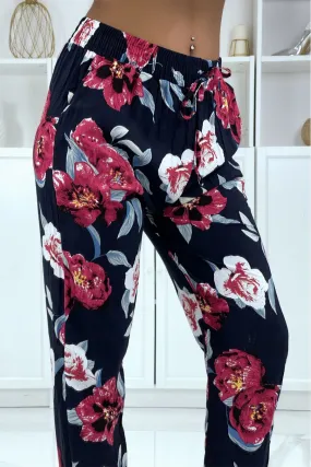 Pantalon fluide marine à motif floral B-11