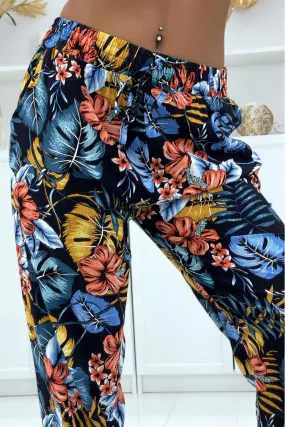 Pantalon fluide marine à motif floral B-59