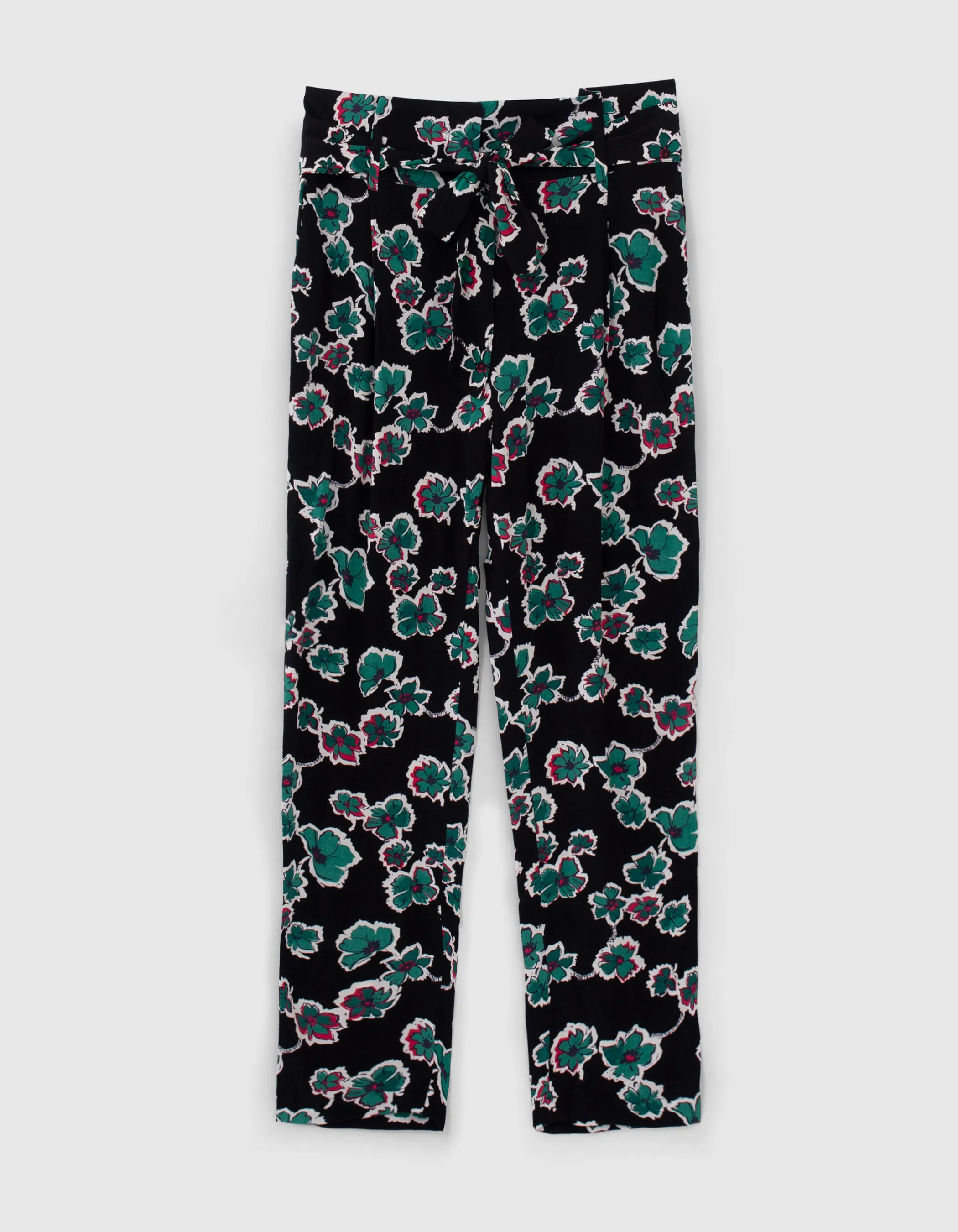 Pantalon fluide noire maxi floral ceinturé Femme