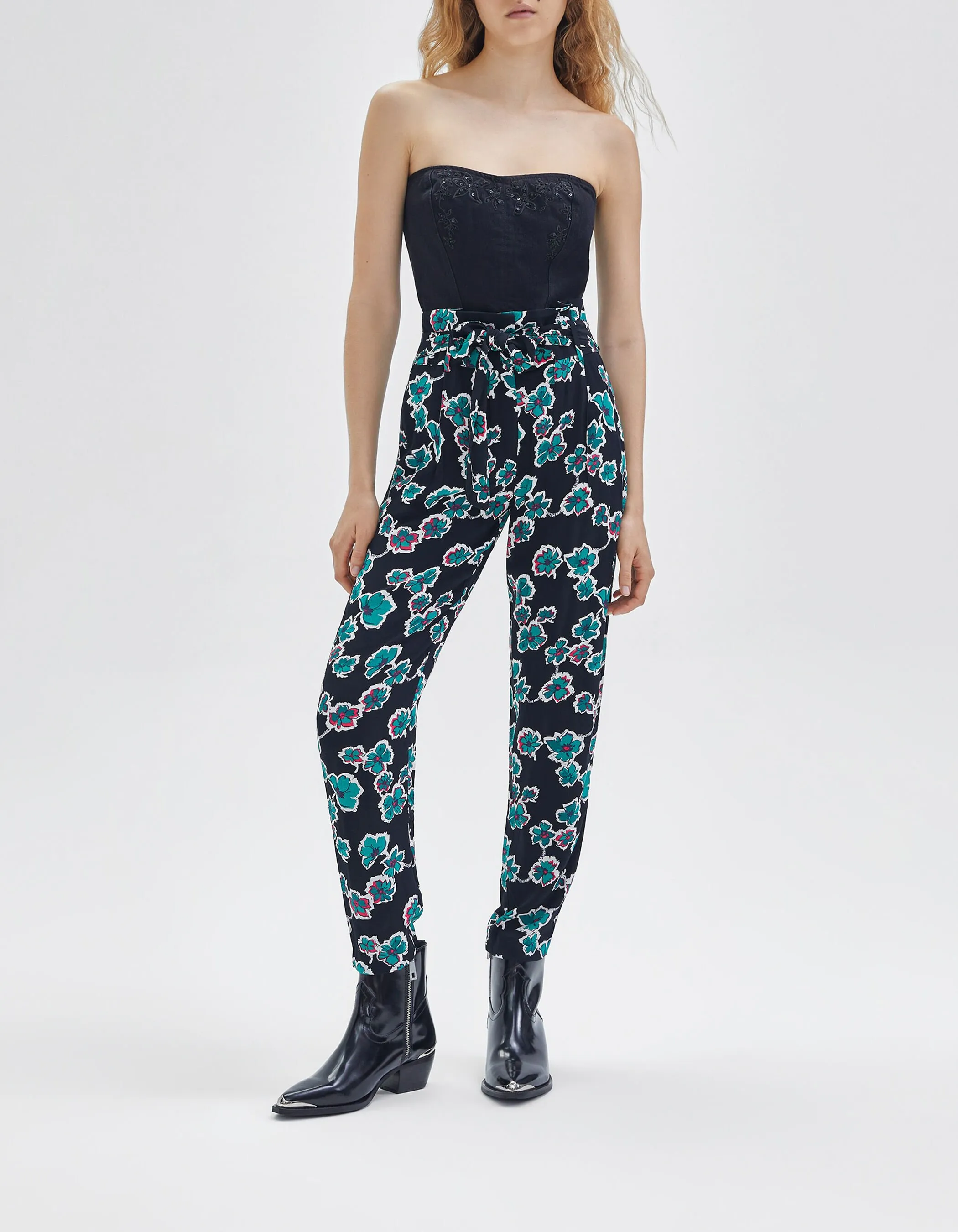 Pantalon fluide noire maxi floral ceinturé Femme