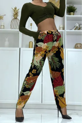 Pantalon fluide noir/moutarde à motif floral B-24