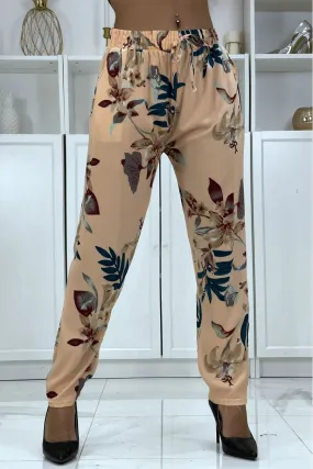 Pantalon fluide rose à motif floral B-36