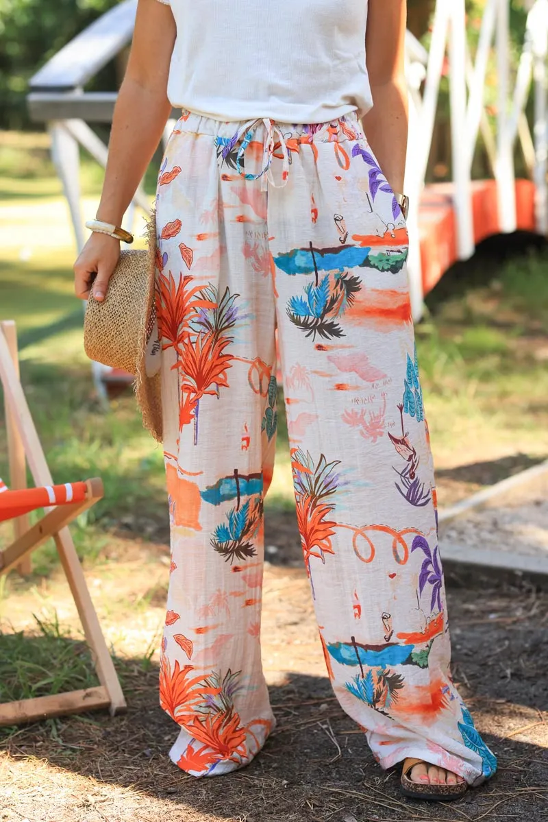 Pantalon large fluide écru motifs aléatoires colorés vacances d'été plage