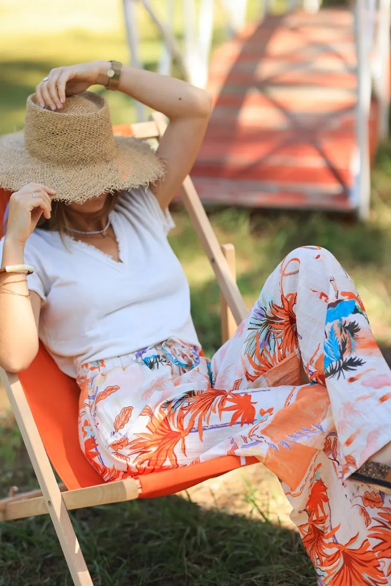 Pantalon large fluide écru motifs aléatoires colorés vacances d'été plage