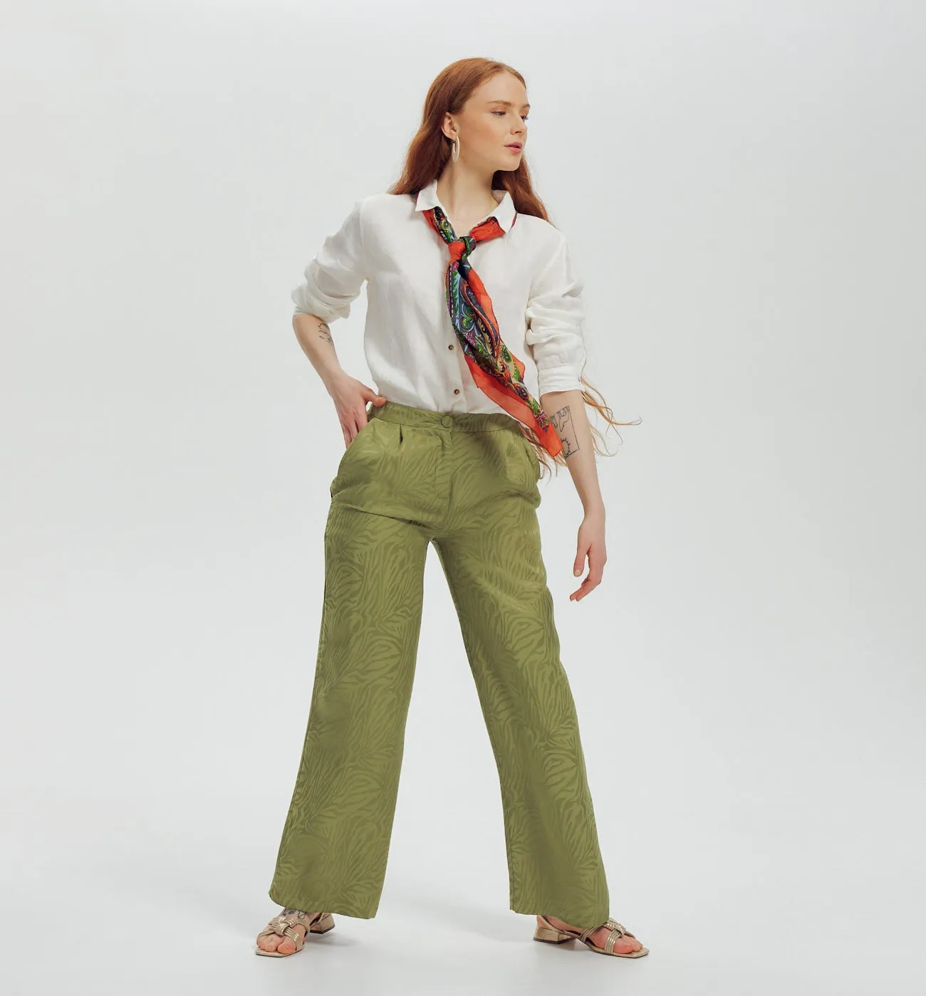 Pantalon large zébré Femme - Vert olive