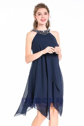 Petite robe cocktail bleu nuit rétro col rond en strass & jupe fluide