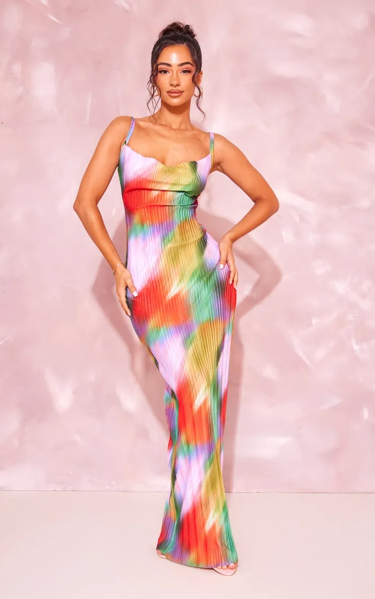 Petite Robe longue plissée imprimé multicolore à col bénitier