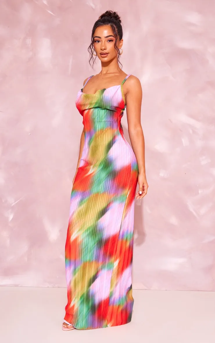 Petite Robe longue plissée imprimé multicolore à col bénitier