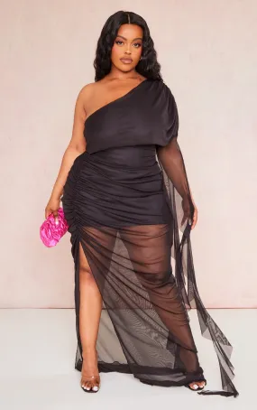 Plus Robe asymétrique noire en mesh volanté