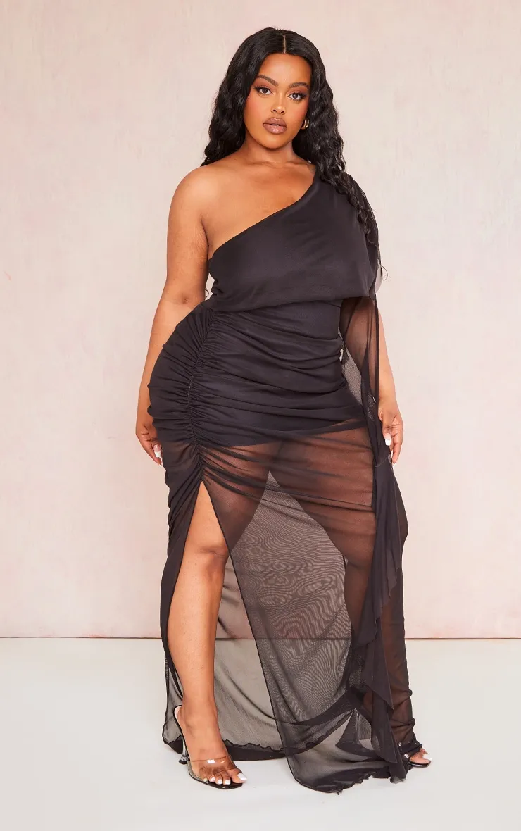 Plus Robe asymétrique noire en mesh volanté