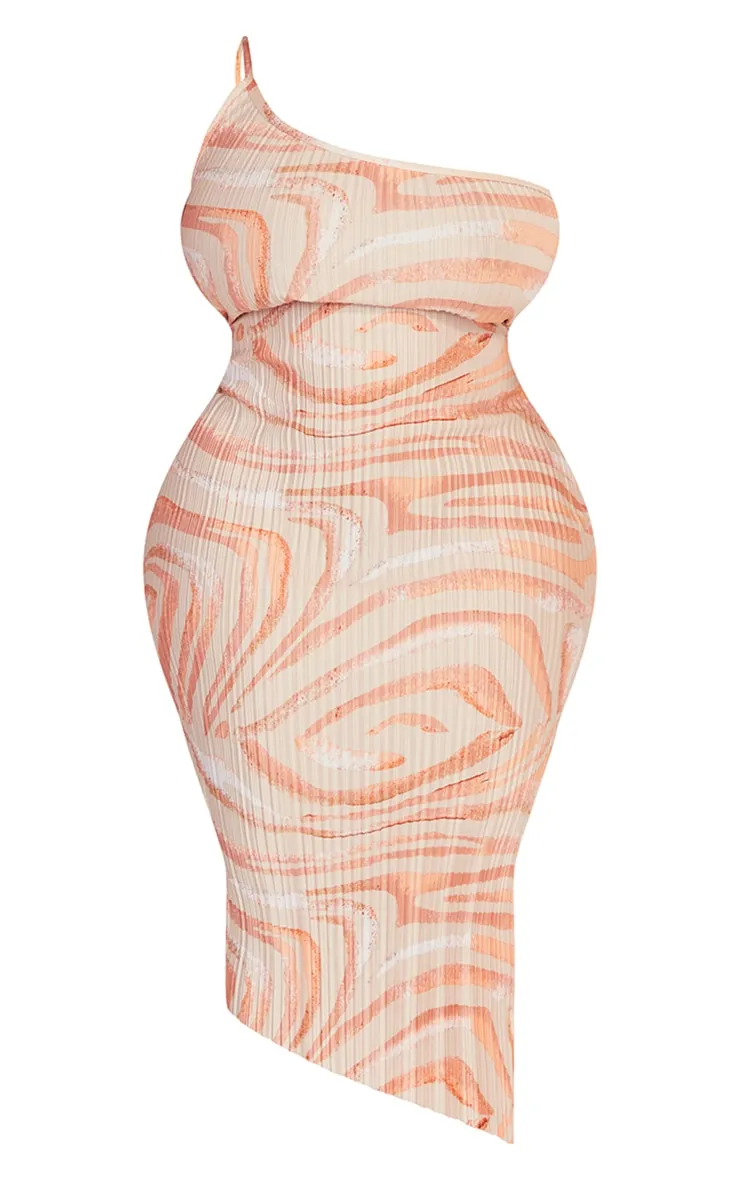 Plus Robe mi-longue asymétrique pêche zébrée plissée