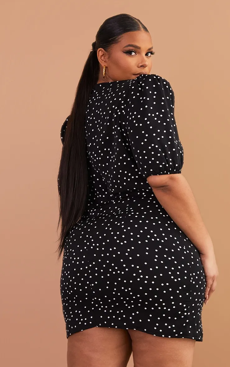 Plus Robe rétro noire imprimé pois à manches bouffantes et col bardot