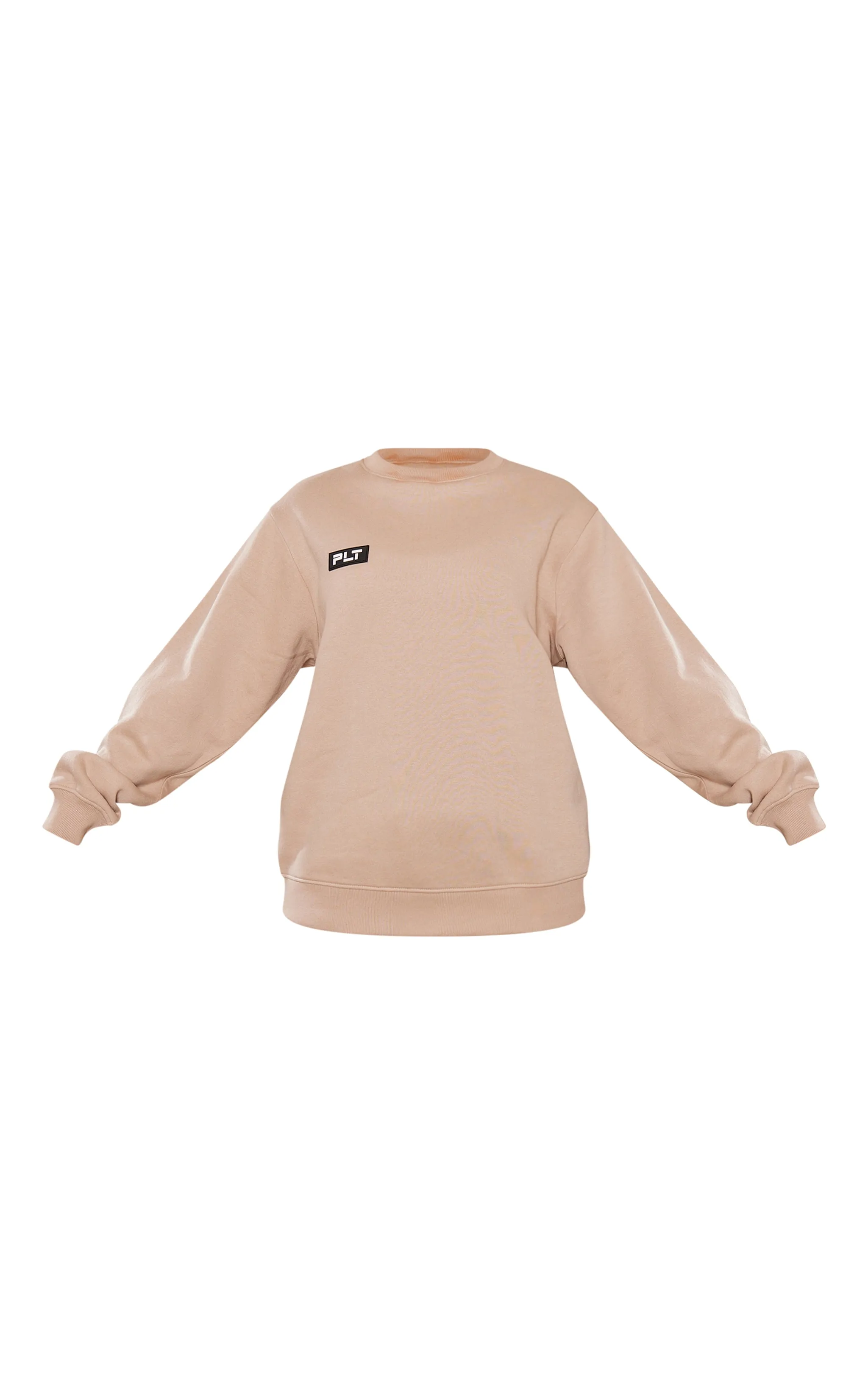 PRETTYLITTLETHING Sweat oversize taupe à col ras et détail badge