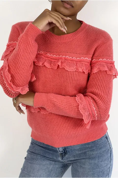 Pull col rond corail à détails volants ajourés