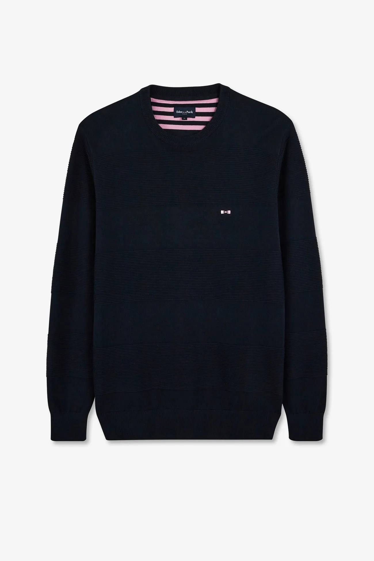 Pull col rond marine à jeux de maille en coton