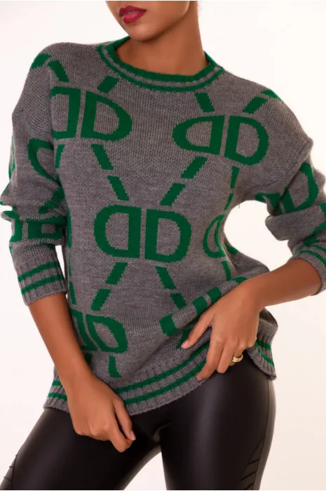 Pull gris anthracite à imprimé style vintage à col rond en maille épaisse