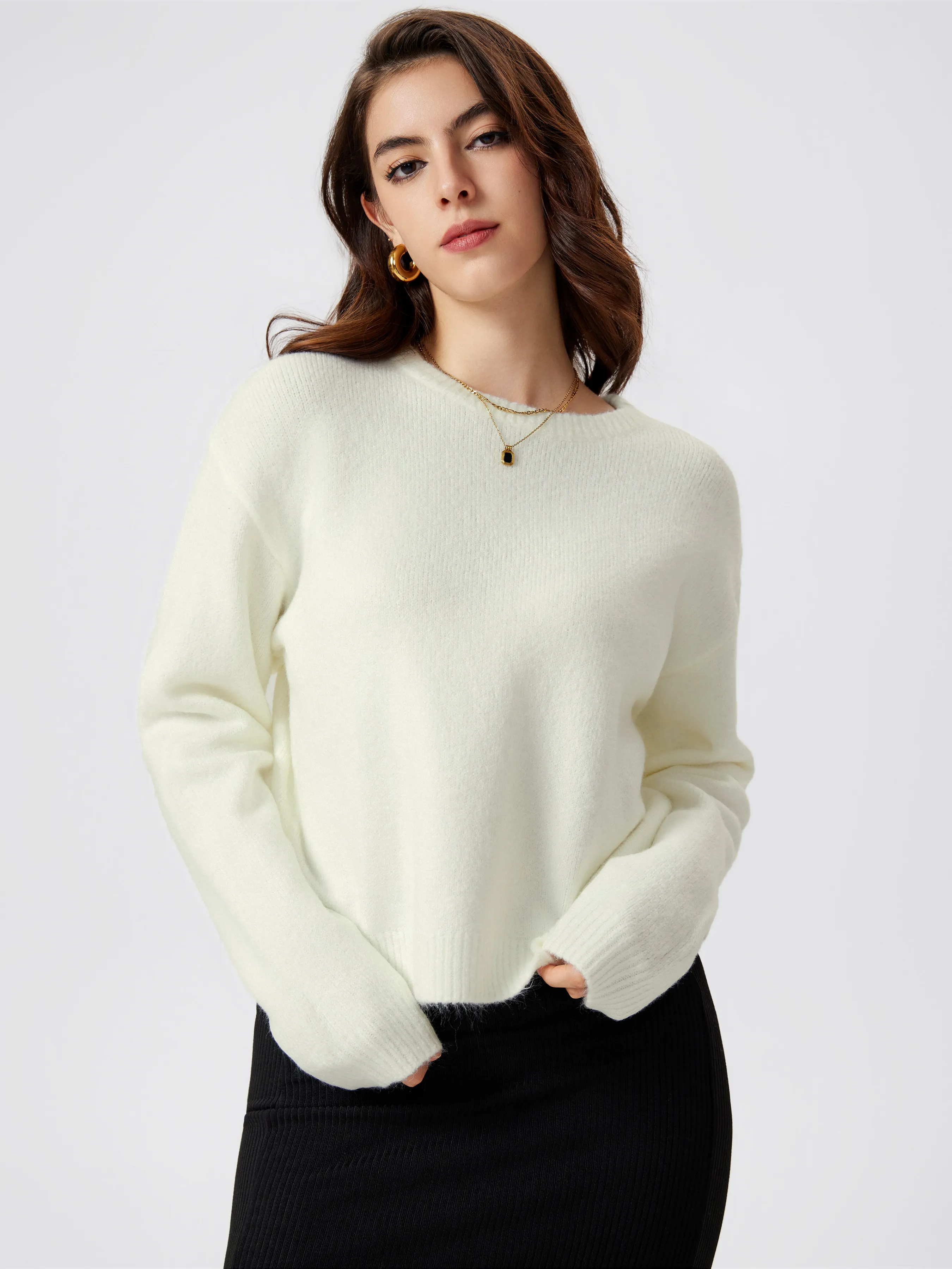  Pull à Manches Longues en Maille à Col Rond
