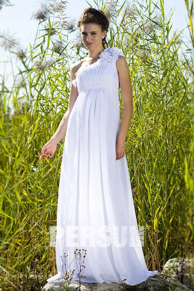 Robe asymétrique blanche bustier plissé empire pour mariage