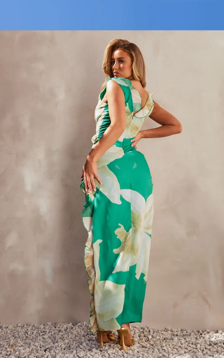 Robe asymétrique fendue longue verte fleurie à volants