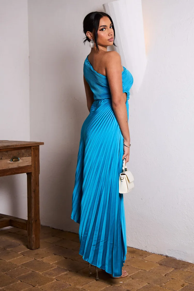 Robe bleu clair one shoulder plissée