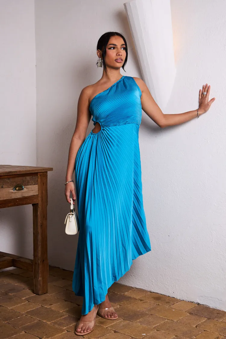 Robe bleu clair one shoulder plissée