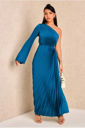 Robe bleu pétrole one shoulder plissée