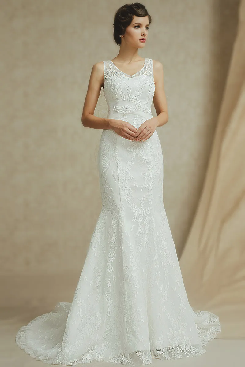 Robe de mariée sirène en dentelle à col en V