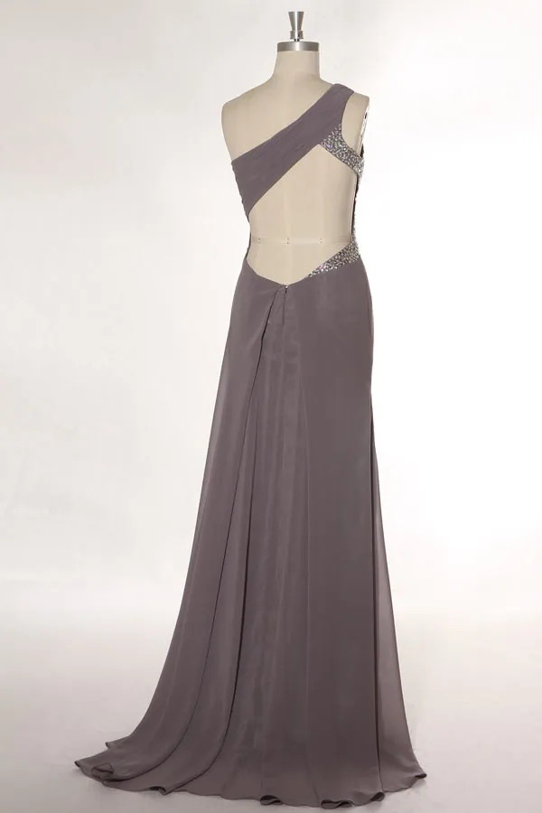 Robe de soirée / bal asymétrique à dos ajouré en Mousseline gris fer petite traîne