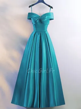 Robe De Soirée Longue Bleu Turquoise Satin Plissée Epaule Dénudée