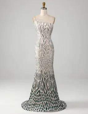 Robe de soirée longue et asymétrique en paillettes vert foncé