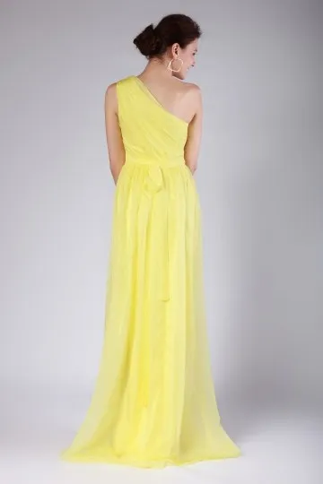 Robe de soirée longue jaune simple symétrique plissée en mousseline - Robedesoireelongue.fr