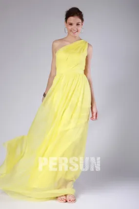 Robe de soirée longue jaune simple symétrique plissée en mousseline - Robedesoireelongue.fr