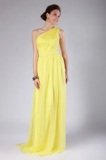 Robe de soirée longue jaune simple symétrique plissée en mousseline - Robedesoireelongue.fr